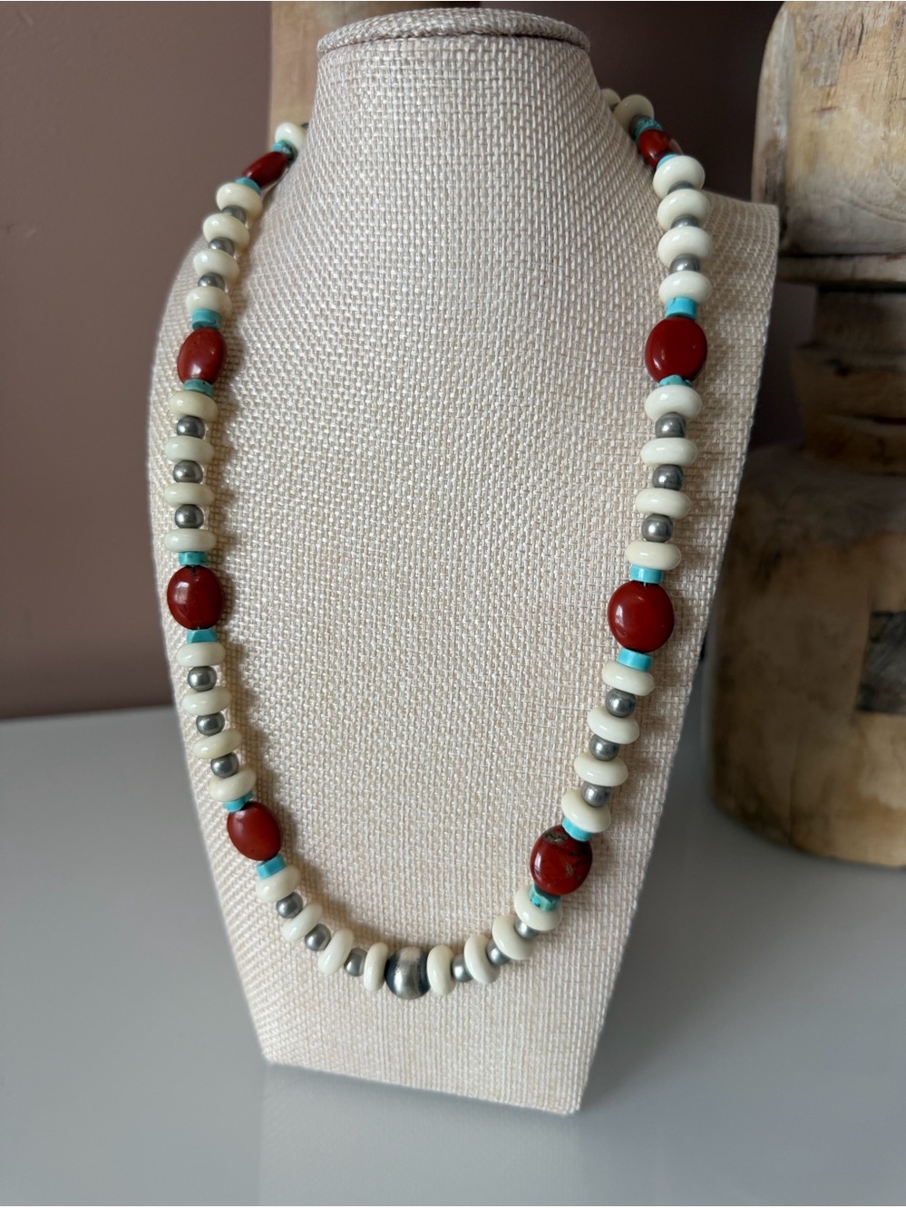 Red Jasper, Off White, Sterling, Turquoise Necklace.